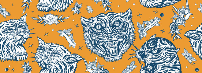 Wall Mural - Tigers seamless pattern. Old school tattoo. Pop culture style. Asian wild cats heads, japan animals. Vintage traditional tattooing