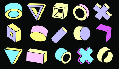 Aufkleber - Set of simple geometic 3D elements in bauhaus neo-memphis retro style, colored in punchy pastel color scheme. Abstract geometric background for poster, cover, print.