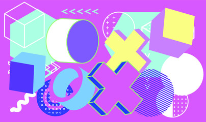 Aufkleber - Set of simple geometic 3D elements in bauhaus neo-memphis retro style, colored in punchy pastel color scheme. Abstract geometric background for poster, cover, print.