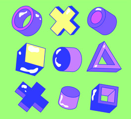 Aufkleber - Set of simple geometic 3D elements in bauhaus neo-memphis retro style, colored in punchy pastel color scheme. Abstract geometric background for poster, cover, print.