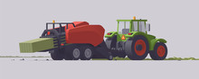 Vector Tractor & Big Square Baler. Grass Hay Baling. Isolated Illustration