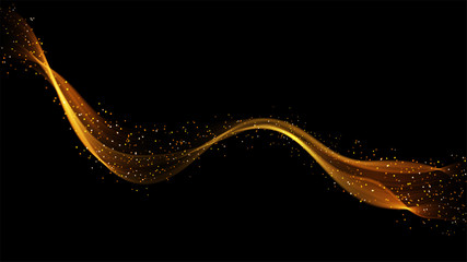 Aufkleber - Abstract dark background with fire or gold curves. Light line gold swirl effect. Vector glitter light fire flare with sparkling particles on black background. Magic sparkle swirl magic effect.