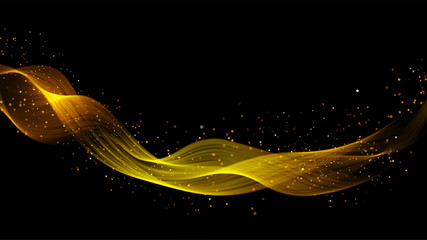 Leinwandbilder - Abstract dark background with fire or gold curves. Light line gold swirl effect. Vector glitter light fire flare with sparkling particles on black background. Magic sparkle swirl magic effect.