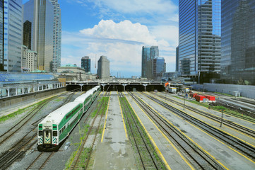 Passenger diesel train departs from Toronto Union station.