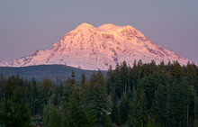 Mount Rainier Rises Above The Forested Foothills At Sunset As Seen From Clear Lake, WA Southwest Of Tacoma.