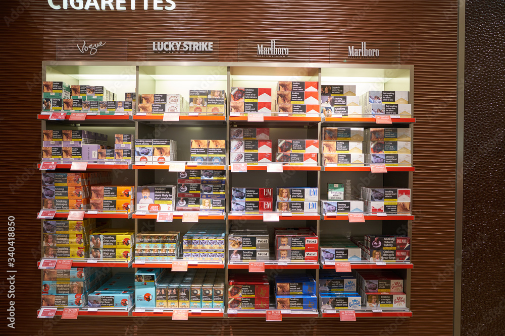 vienna airport duty free cigarettes VIENNA, AUSTRIA - CIRCA MAY, 2019: Duty Free shopping area at Vienna  International Airport. Stock Photo