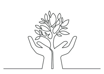 Wall Mural - Continuous line drawing of growing plant between two  human hands meaning care and love. Vector illustration