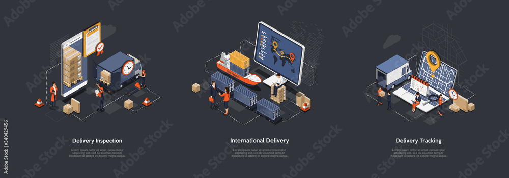 Isometric 3d International Worldwide Delivery And Global Logistics. Work Staff Process an Many Orders Of Delivery of a Large Consignment Maritime, Land And Railway Transport. Vector Illustrations Set - obrazy, fototapety, plakaty 