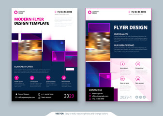 Wall Mural - Purple Flyer Template Layout Design. Corporate business flyer mockup. Creative modern bright concept with purple square shapes