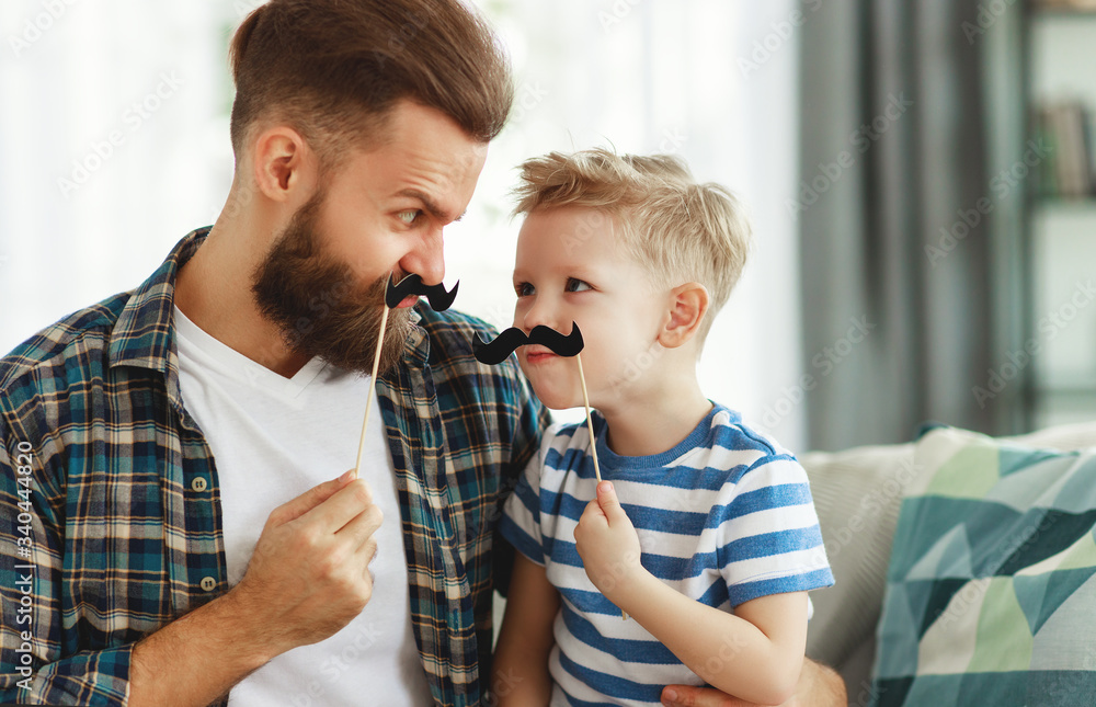 Father's day. Happy funny family son and dad with mustache . - obrazy, fototapety, plakaty 