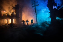 War Concept. Military Silhouettes Fighting Scene On War Fog Sky Background, World War Soldiers Silhouette Below Cloudy Skyline At Night.