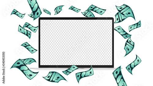 Download Laptop Computer With Transparent Screen Surrounded By Flying Money Profitable Website Earn Money On Online Business And Passive Income Concept Mockup Template Vector Illustration Stock Vector Adobe Stock