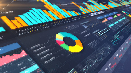 Fototapete - Business stock market, trading, info graphic with animated graphs, charts and data numbers insight analysis to be shown on monitor display screen for business meeting mock up theme