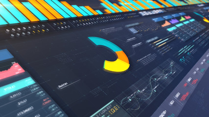 Leinwandbilder - Business stock market, trading, info graphic with animated graphs, charts and data numbers insight analysis to be shown on monitor display screen for business meeting mock up theme