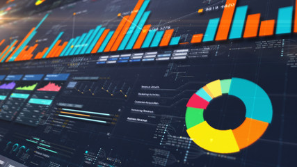 Leinwandbilder - Business stock market, trading, info graphic with animated graphs, charts and data numbers insight analysis to be shown on monitor display screen for business meeting mock up theme