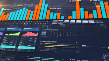 Leinwandbilder - Business stock market, trading, info graphic with animated graphs, charts and data numbers insight analysis to be shown on monitor display screen for business meeting mock up theme
