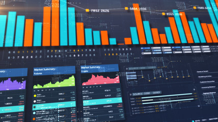 Leinwandbilder - Business stock market, trading, info graphic with animated graphs, charts and data numbers insight analysis to be shown on monitor display screen for business meeting mock up theme