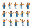 © paper_owl - Set of old indian or black worker showing various hand gestures. Builder or mechanic in overalls pointing, showing thumb up, victory sign and other gestures. Flat design vector illustration