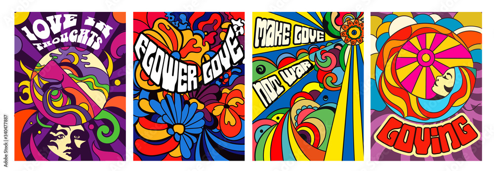 Set of four bright psychedelic Love themed posters with modern abstract patterns and assorted text, vector illustration - obrazy, fototapety, plakaty 