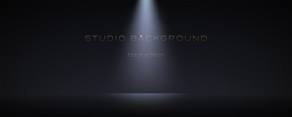 Black empty room with one spotlight. Dark studio can used for background and display brand or product. Black edition. Vector 3d illustration