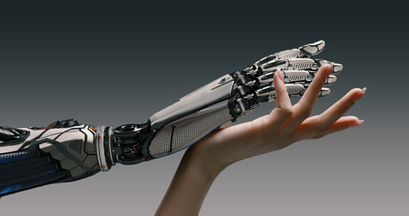 Woman arm gently touching robot hand, artificial intelligence augmented reality collaboration friendship concept