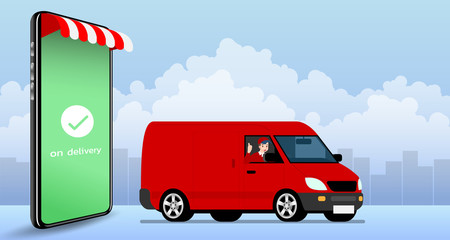 Delivery man going to deliver parcel, food, product to customer by app on a smartphone tracking on a mini van with a ready meal, technology and logistics concept with city in the background. Vector il