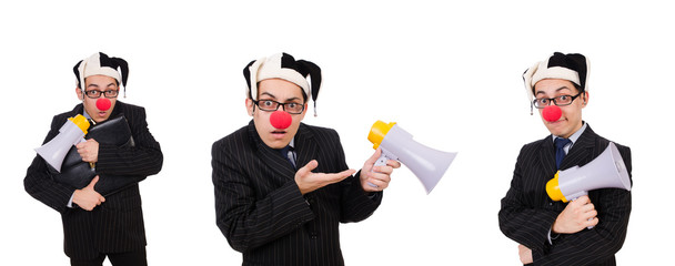 Canvas Print - Businessman clown with loudspeaker on white