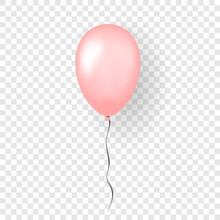 Pink Balloon 3D, Thread, Isolated White Transparent Background. Color Glossy Flying Baloon, Ribbon, Birthday Celebrate, Surprise. Helium Ballon Gift. Realistic Design Happy Bday Vector Illustration