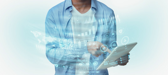 Poster - Black man using digital tablet, cyber security concept