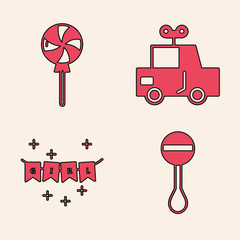 Wall Mural - Set Rattle baby toy, Lollipop, Toy car and Carnival garland with flags icon. Vector