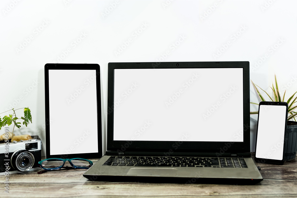 Laptop, mobile and tablet with blank screen for responsive design