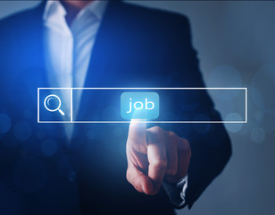 Fototapete - Person which click on virtual button with text find job. Person searching for a new job. Job search concept.