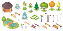 Park Trees And Landscape Elements Set, Vector Isolated Isometric Icons. Park And Garden Landscaping Constructor, Isometric Trees, Ponds And Benches, Fountain, Plants And Flowers, Grass And Hedges
