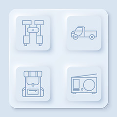 Canvas Print - Set line Binoculars, Pickup truck, Hiking backpack and Radio with antenna. White square button. Vector