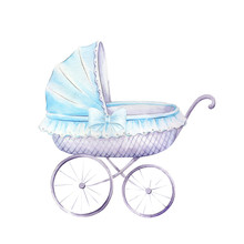 Blue Stroller For Baby Boy.Watercolor Hand Drawn Illustrations Isolated On White Background.