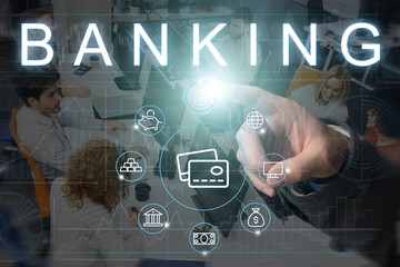 Poster - Collage with manager pressing banking icon on virtual screen and office with businesspeople, double exposure