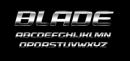 Wall Mural - Blade letters set. Polished metal texture, chrome and silver color alphabet. Bold italic font, strong and speed style, ideal for sport and automotive. Vector typography