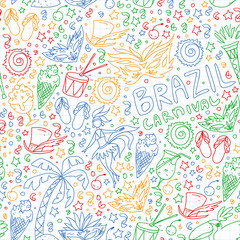 Wall Mural - Brazilian vector pattern with palm, beach, sea, carnival. Brazil icons for posters and banners.