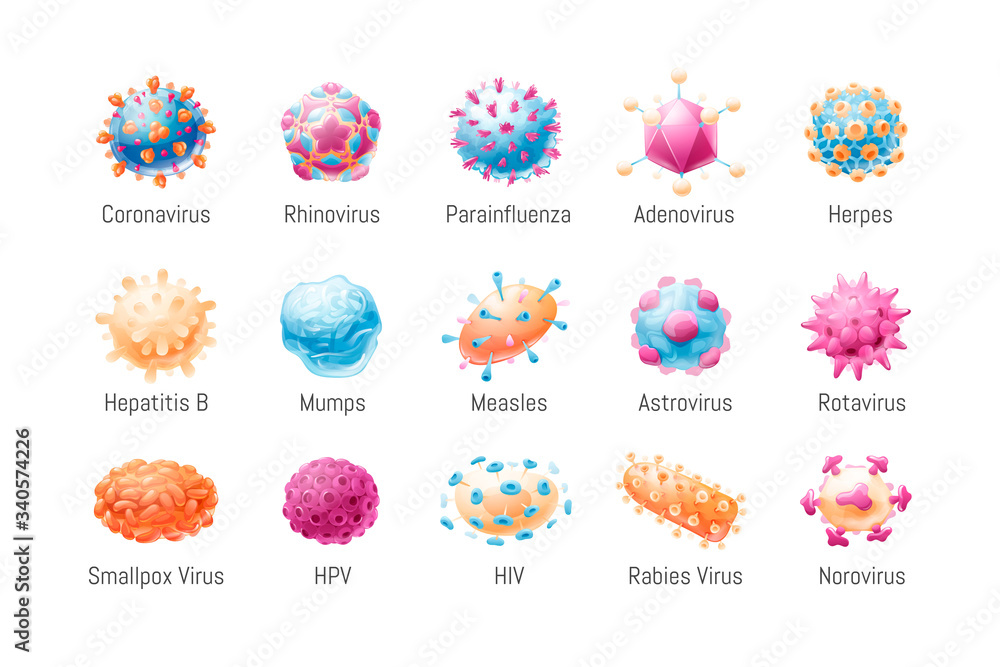 Vector set of common viruses. Models of pathogens - obrazy, fototapety, plakaty 