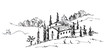 Tuscany, Italy, Village houses and farmland. Black and white sketch drawn by hand. illustration a field and a house. Handdrawn book illustration, touristic postcard or poster.
