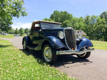 1934 Ford Roadster Blue In Park On Green Grass Outdoor Sky