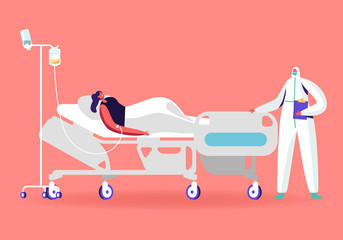 Wall Mural - Female Character Lying in Clinic Department Chamber in Hospital Applying Dropper Treatment during Covid19 Pandemi. Doctor Stand near Patient Bed during Appointment. Cartoon People Vector Illustration