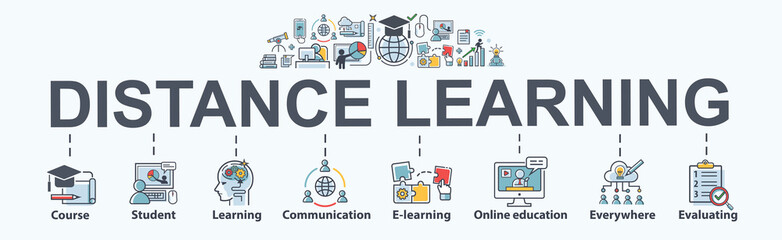 Distance learning banner web icon for self development, course, teacher, study, e-learning, training, skill, online education, continuing education and knowledge. Minimal vector infographic.
