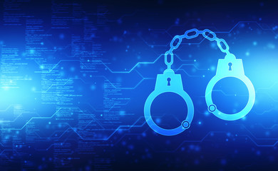 2d illustration cyber security concept: handcuffs icon on digital background, cyber crime concept, j