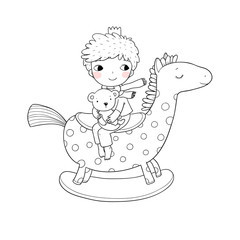 Little cute cartoon boy sitting on a rocking horse. Kid and teddy bear