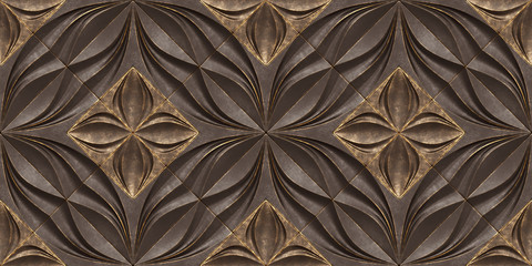 Wall Mural - 3D wallpaper of architectural modules is brown with gold frayed edges and decorative inserts. Realistic seamless texture of high quality.