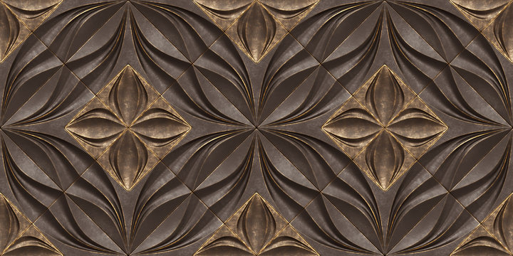 Wall Mural -  - 3D wallpaper of architectural modules is brown with gold frayed edges and decorative inserts. Realistic seamless texture of high quality.