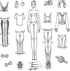 Wall Mural - Vector set: paper doll and collection of comfortable sport clothes and accessories for cut out and play , coloring it for girls. Educational toy. Top, leggings, sneakers, dumbbells, bottle of water.