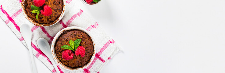 Mug Chocolate Cake. Instant Chocolate Cake in Portion Bowl. Selective focus.