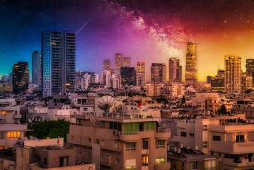 Fototapete - Beautiful Cityscape with Sun Reflections on Buildings of Tel Aviv, Israel under an amazing Sky.